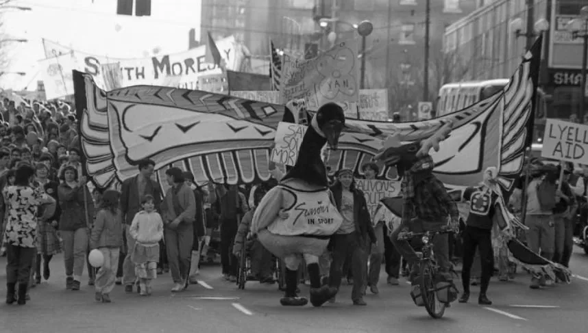 Colleen (at left holding Haida kite) at the Save South Moresby Caravan 1986